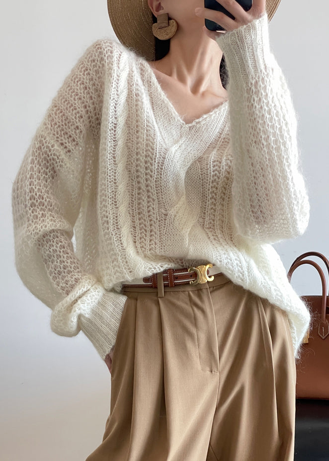 Loose White Hollow Out Knit Sweater Winter