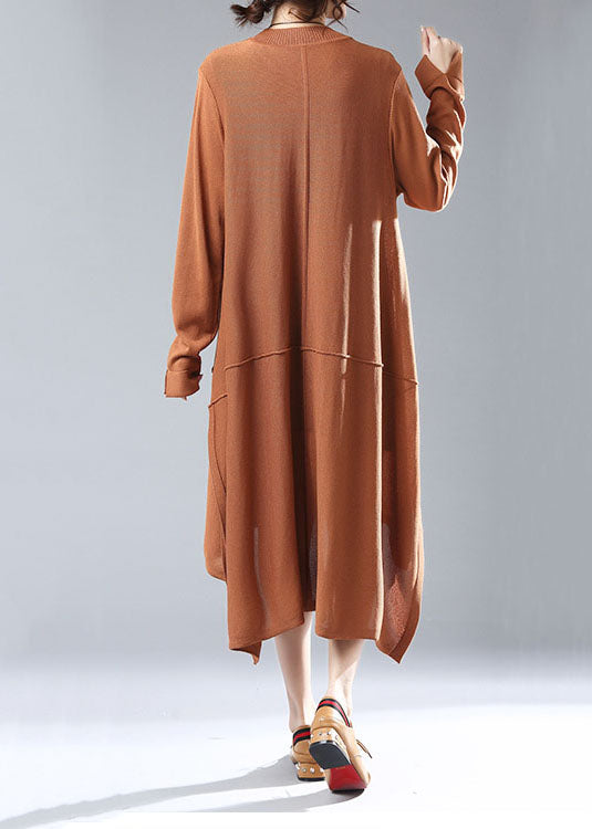 Simple Caramel O Neck Low High Design Patchwork Knit Knitwear Dress Spring