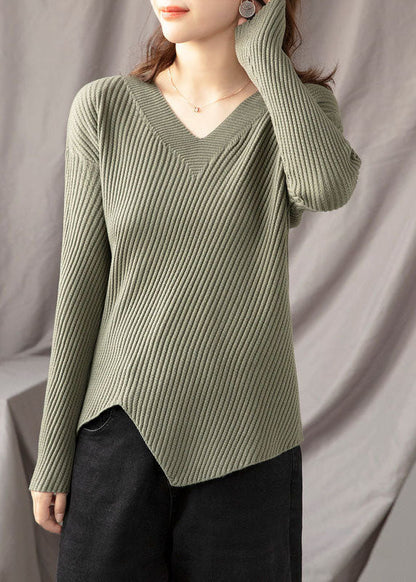 Stylish Apricot V Neck Asymmetrical Design Fall Knit Sweaters