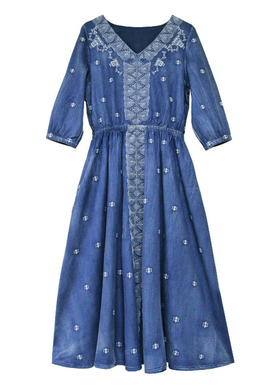 French Blue Elastic Waist V Neck Embroideried Cotton Dresses Half Sleeve