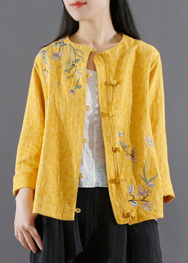 Yellow Embroideried Button Patchwork Cotton Coats Fall