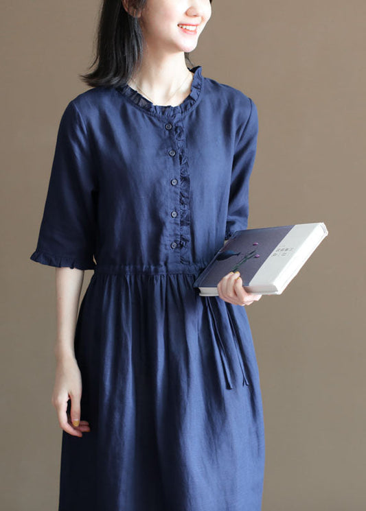 Tibetan Blue Drawstring Ruffled Button Linen Long Dress Half Sleeve