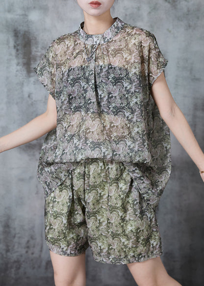 Stand Collar Print Chiffon Sets 2 Pieces Summer