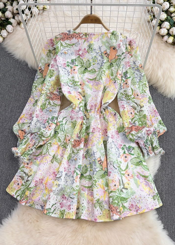 Green V Neck Print Tunic Bow Mid Dresses Long Sleeve