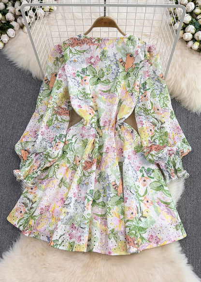 Green V Neck Print Tunic Bow Mid Dresses Long Sleeve
