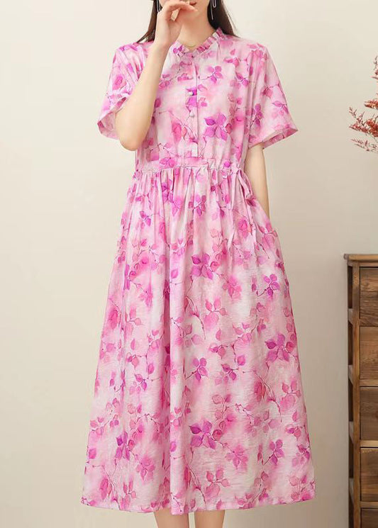 Pink Print Ruffled Patchwork Drawstring Silk Linen Long Dress Short Sleeve