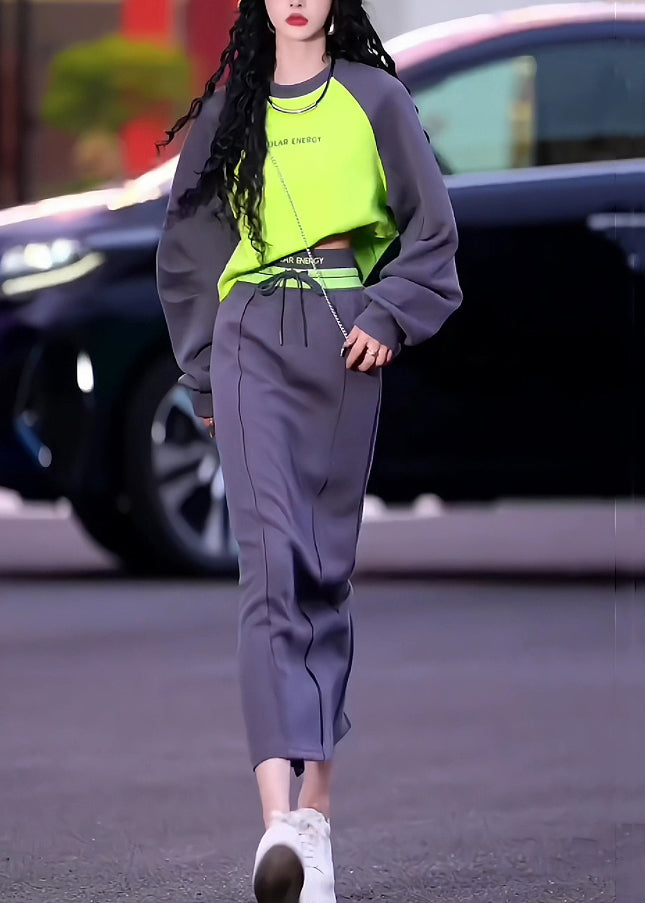 French Grey O Neck Patchwork Tops and Skirts Cotton Two-piece Set Long Sleeve