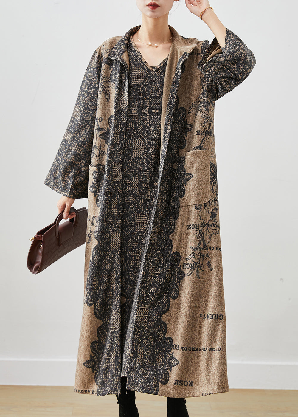 Khaki Oversized Print Cotton Two Piece Set Winter