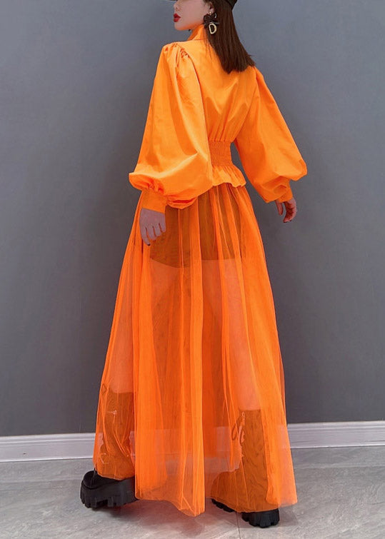 Orange Peter Pan Collar Elastic Waist Pocket Tulle Patchwork Shirt Dress Lantern Sleeve