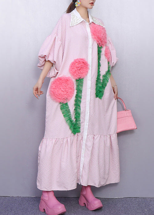 Pink Striped Flower Decorated Cotton Dresses Puff Sleeve