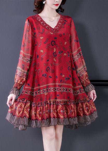 Modern Red V Neck Patchwork Ruffles Print Silk Dresses Long Sleeve Fall