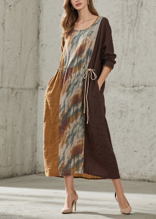 O Neck Print Lace Up Cotton Maxi Dresses Fall