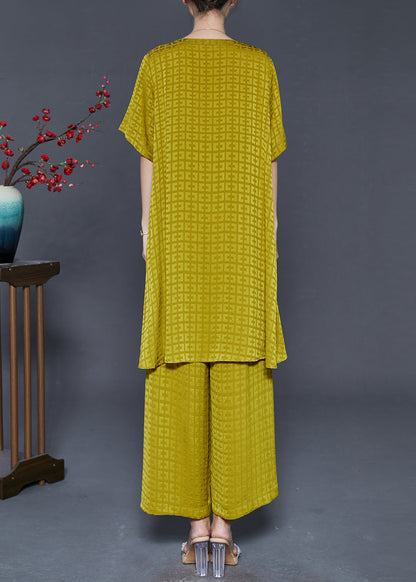 Boutique Yellow Oversized Low High Design Silk Two Pieces Set Summer
