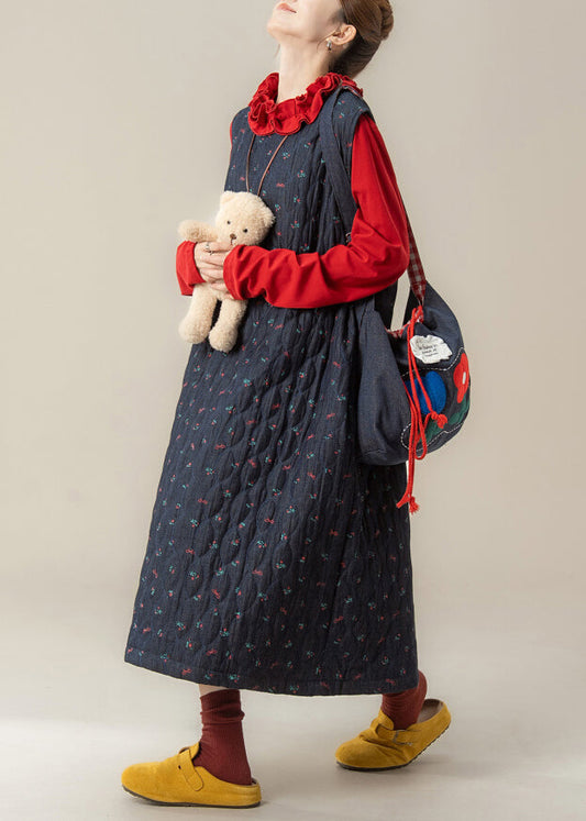Loose Navy Print Dress and Red Ruffled T Shirt Cotton Filled Two Pieces Set Winter