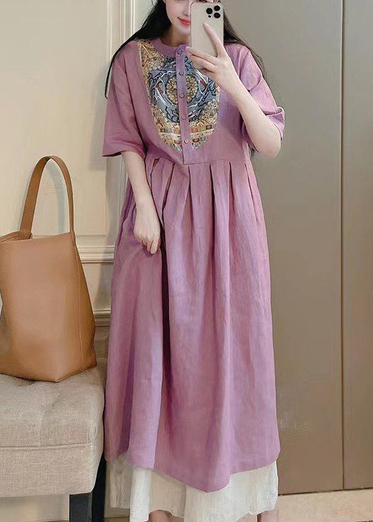 Purple Button Print Pockets Cotton Dresses Summer