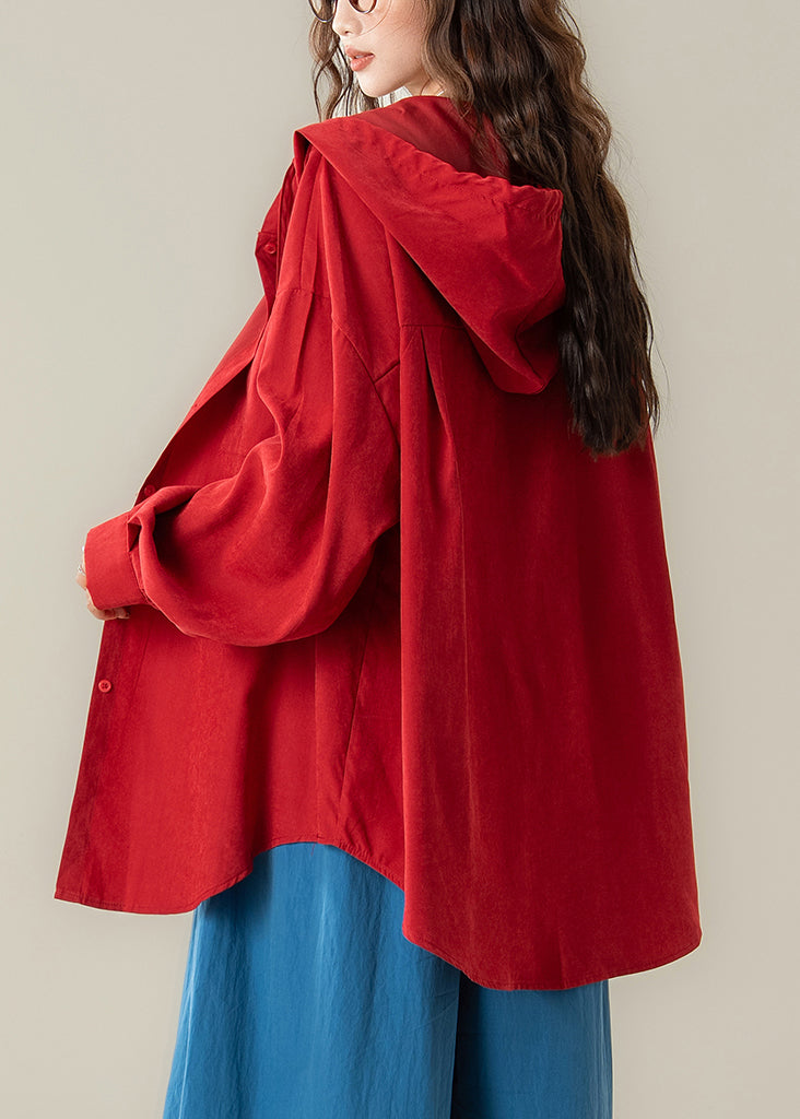 Red Hooded Button Cotton Shirt Spring
