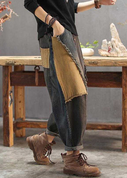 Colorblock Patchwork Elastic Waist Button Jeans