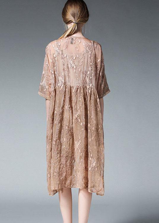 Loose Khaki O-neck Patchwork Summer Dress Half Sleeve