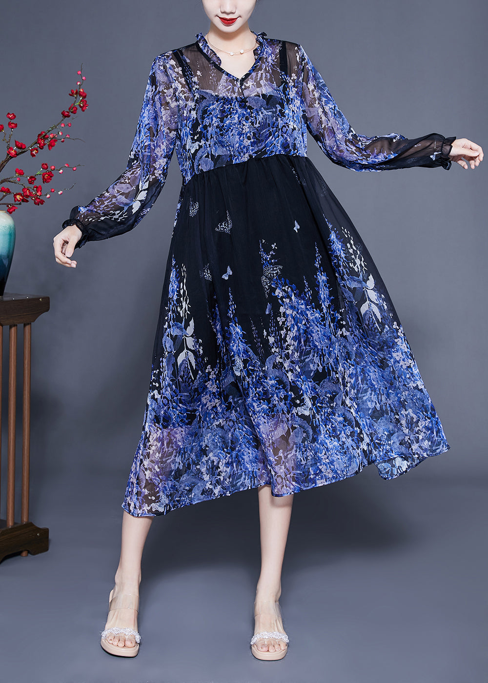 Blue V Neck Ruffled Print Chiffon Holiday Dresses Two Piece Set Summer