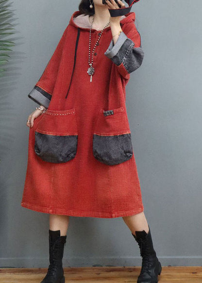 Orange Red Drawstring Button Patchwork Dress Spring