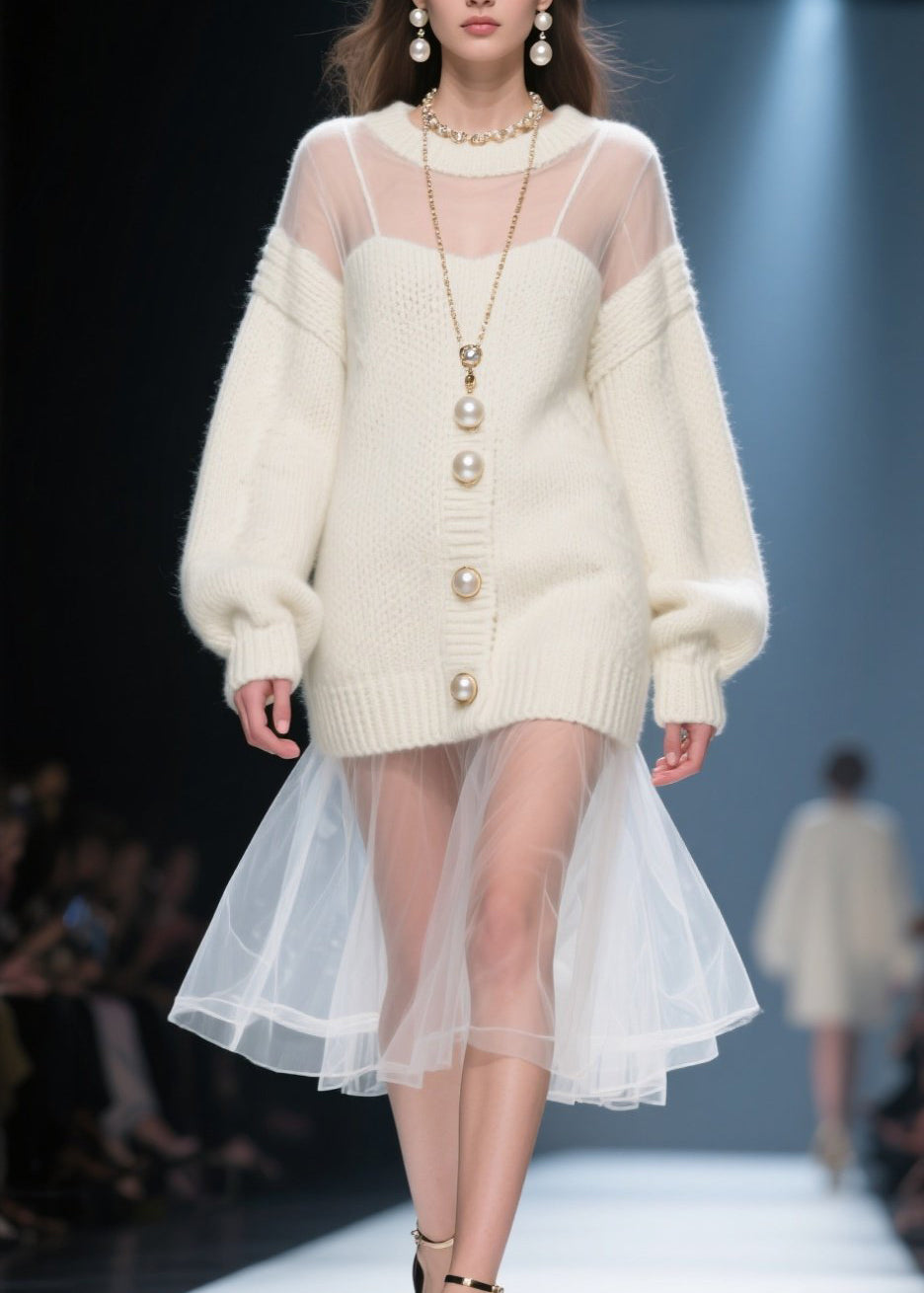 Beige O Neck Tulle Patchwork Long Knit Dress Fall