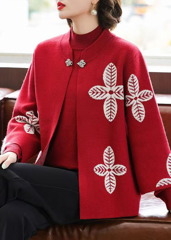 Red Print Knit Cardigans and Sweaters Two Pieces Set Fall