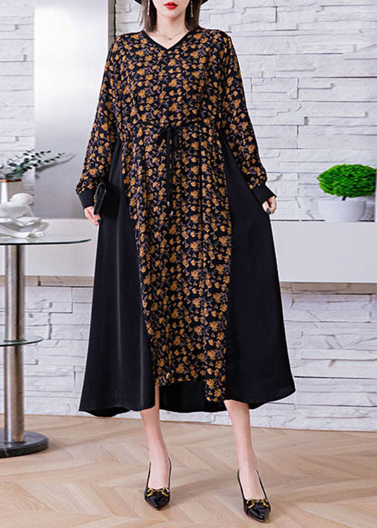 Black Tie Waist V Neck Print Patchwork Silk Holiday Dress Spring