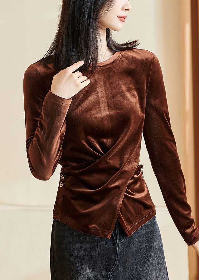 Fitted Brown O-neck Asymmetrical Silk Velour Shirt Long Sleeve