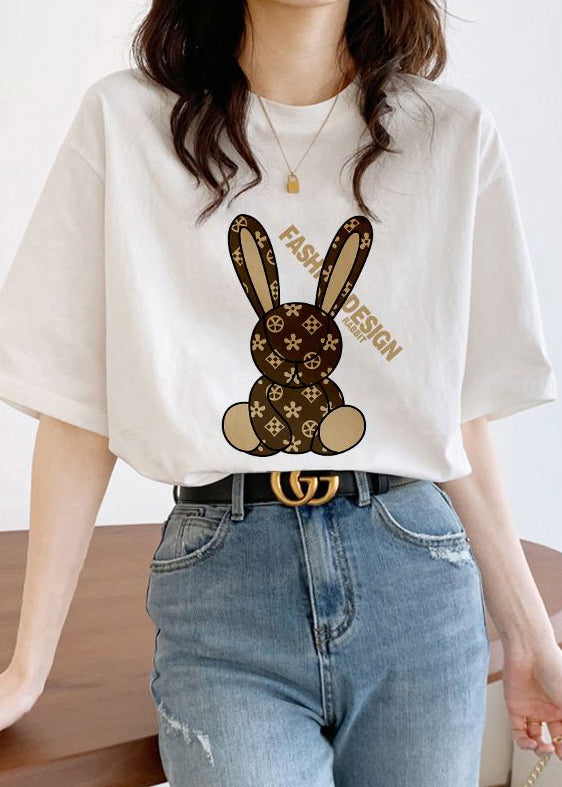 White O Neck Print Cotton T Shirt Short Sleeve