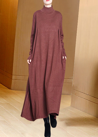 Coffee Hign Neck Patchwork Woolen Knit Dress Winter