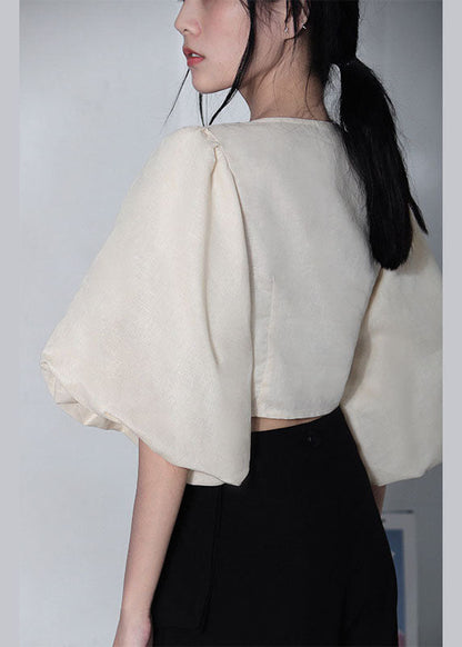Unique White V Neck Retro Loose Summer Blouses Half Sleeve