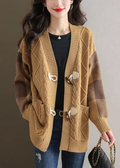 Beige V Neck Button Patchwork Knit Cardigans Fall