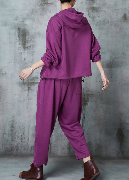 Diy Purple Hooded Drawstring Cotton Pullover Sweatshirt Two Piece Set Spring