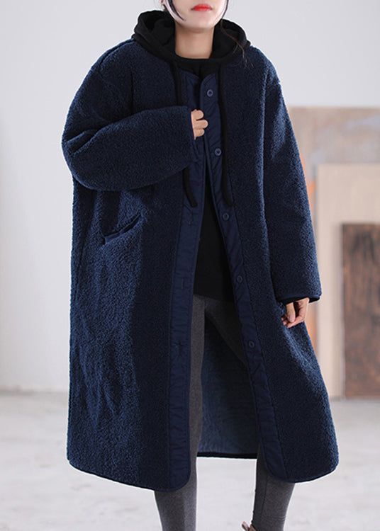 Loose Chocolate O-neck Patchwork Button Pockets Faux Fur Coats Long Sleeve