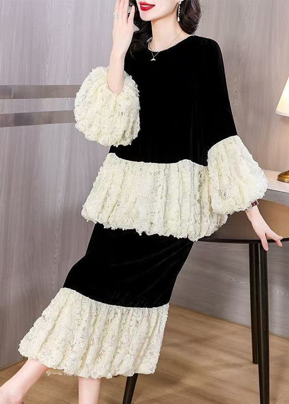 White Lace Patchwork Tops and Skirts Two-piece Set Pearl Spring