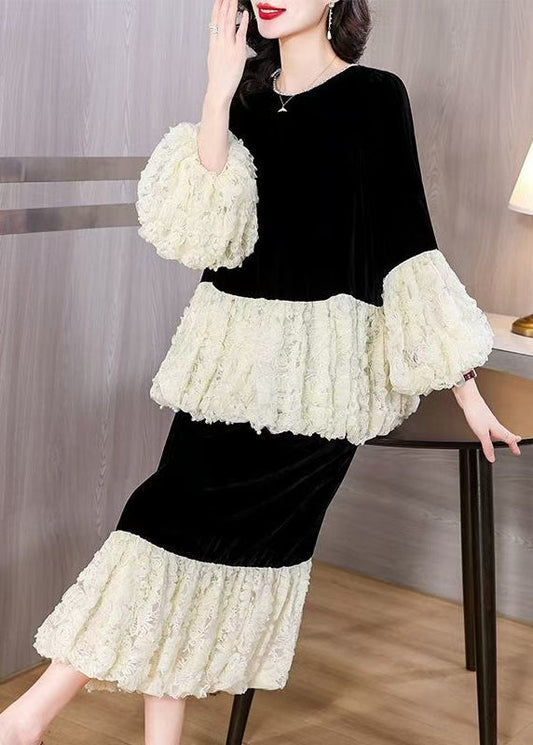 White Lace Patchwork Tops and Skirts Two-piece Set Pearl Spring