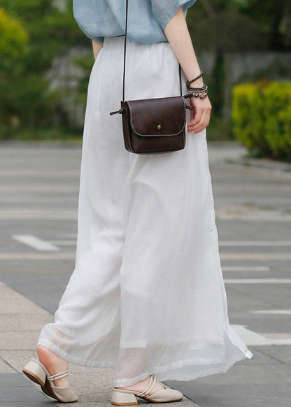 Loose White Elastic Waist Embroideried Linen Pants Spring