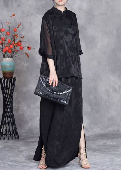 Black Jacquard Side Open Silk Two Piece Suit Set Stand Collar Half Sleeve