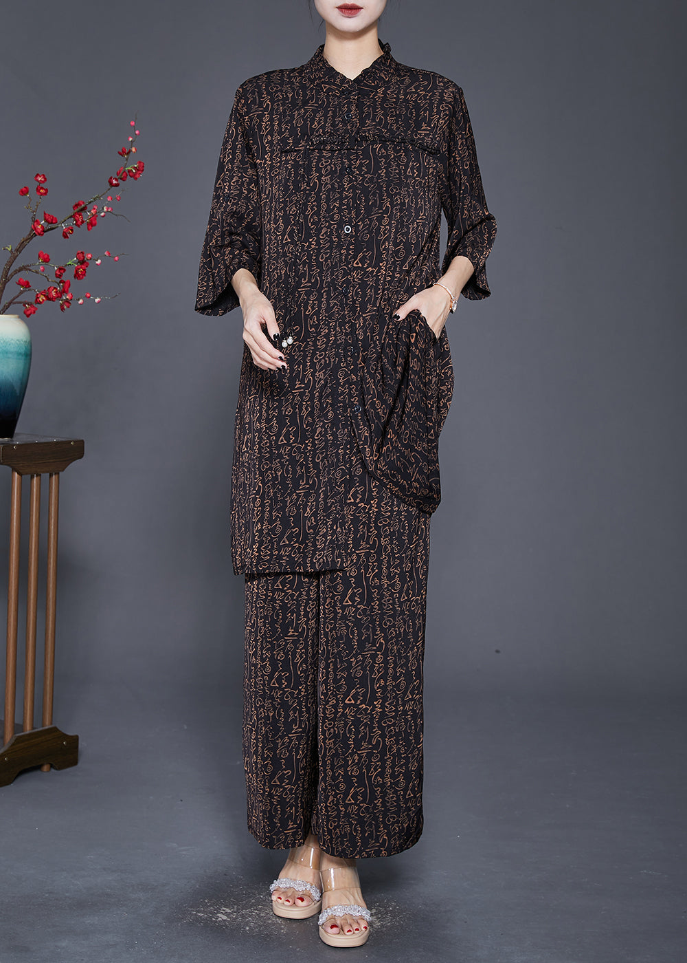 Black Ruffled Print Tasseled Chiffon Two Pieces Set Fall