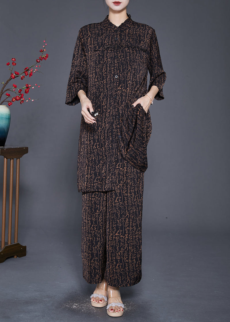 Black Ruffled Print Tasseled Chiffon Two Pieces Set Fall