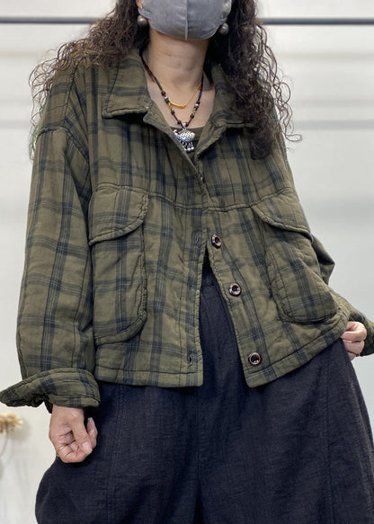 Green Plaid Button Patchwork Cotton Filled Coat Long Sleeve Fall