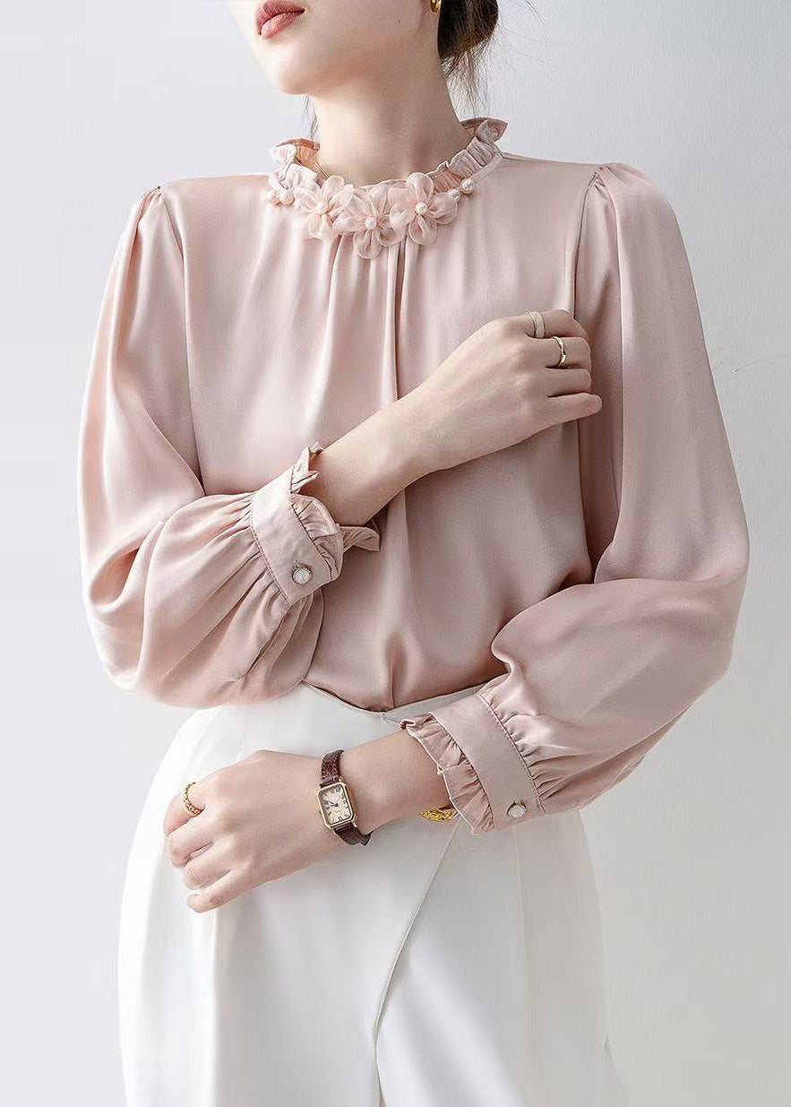 Pink Ruffled Chiffon Tops Spring