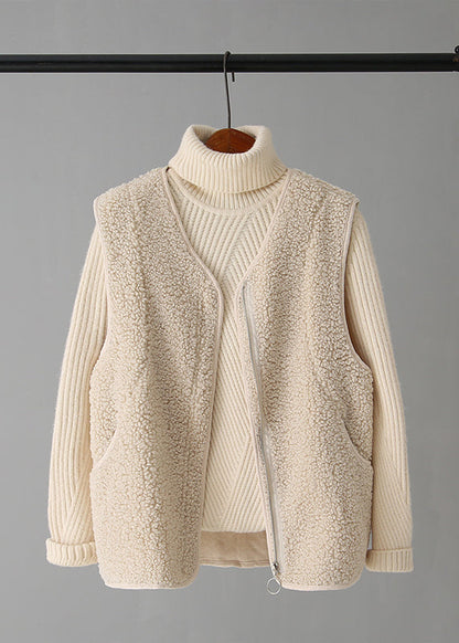 Coffee V Neck Zippered Faux Fur Waistcoat Fall