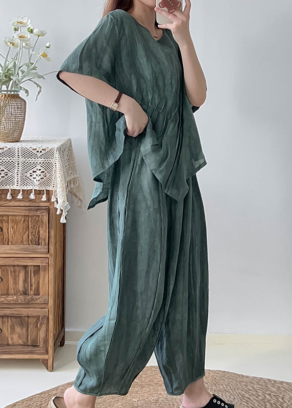 Unique Green Asymmetrical Wrinkled Tie Dye Linen Sets 2 Pieces Fall