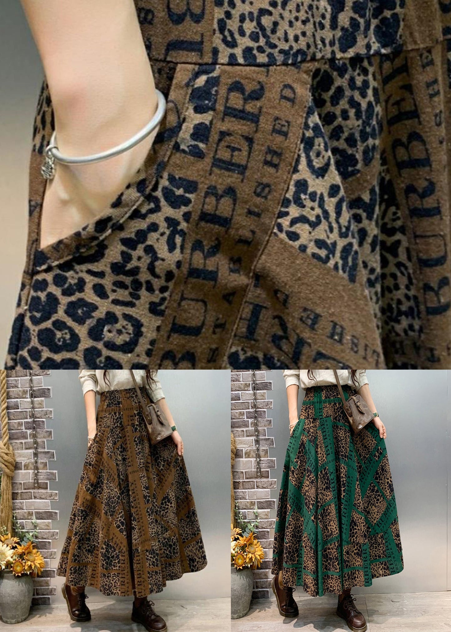 Coffee Pockets Cotton a Line Skirts Elastic Waist