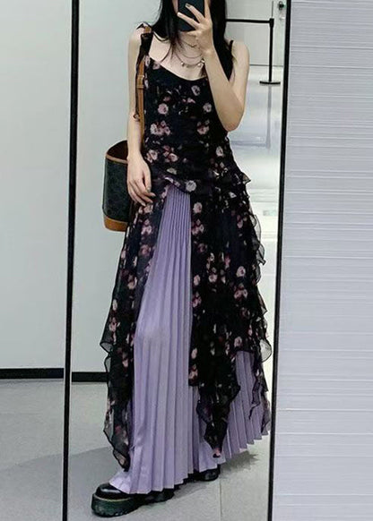Black Ruffled Print Chiffon Two-piece Set Sleeveless