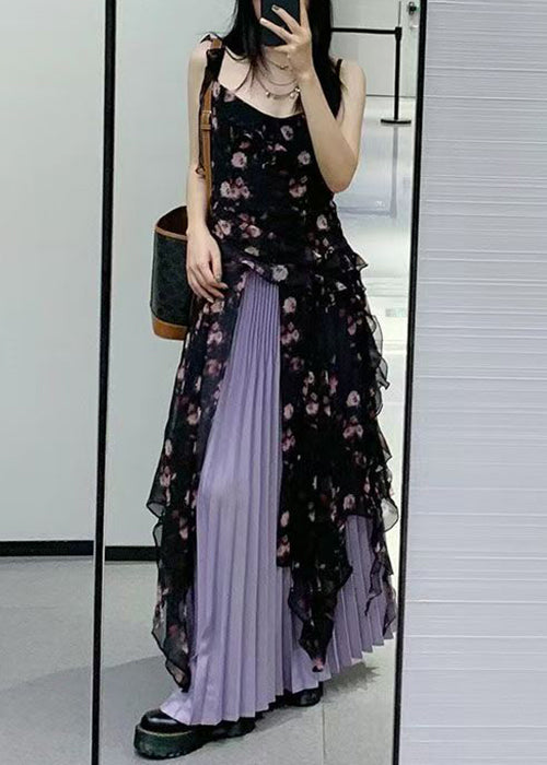 Black Ruffled Print Chiffon Two-piece Set Sleeveless