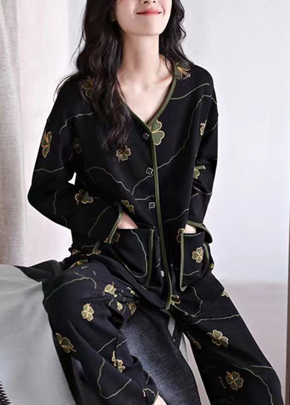 Black Print Button Cotton Two Pieces Set Long Sleeve