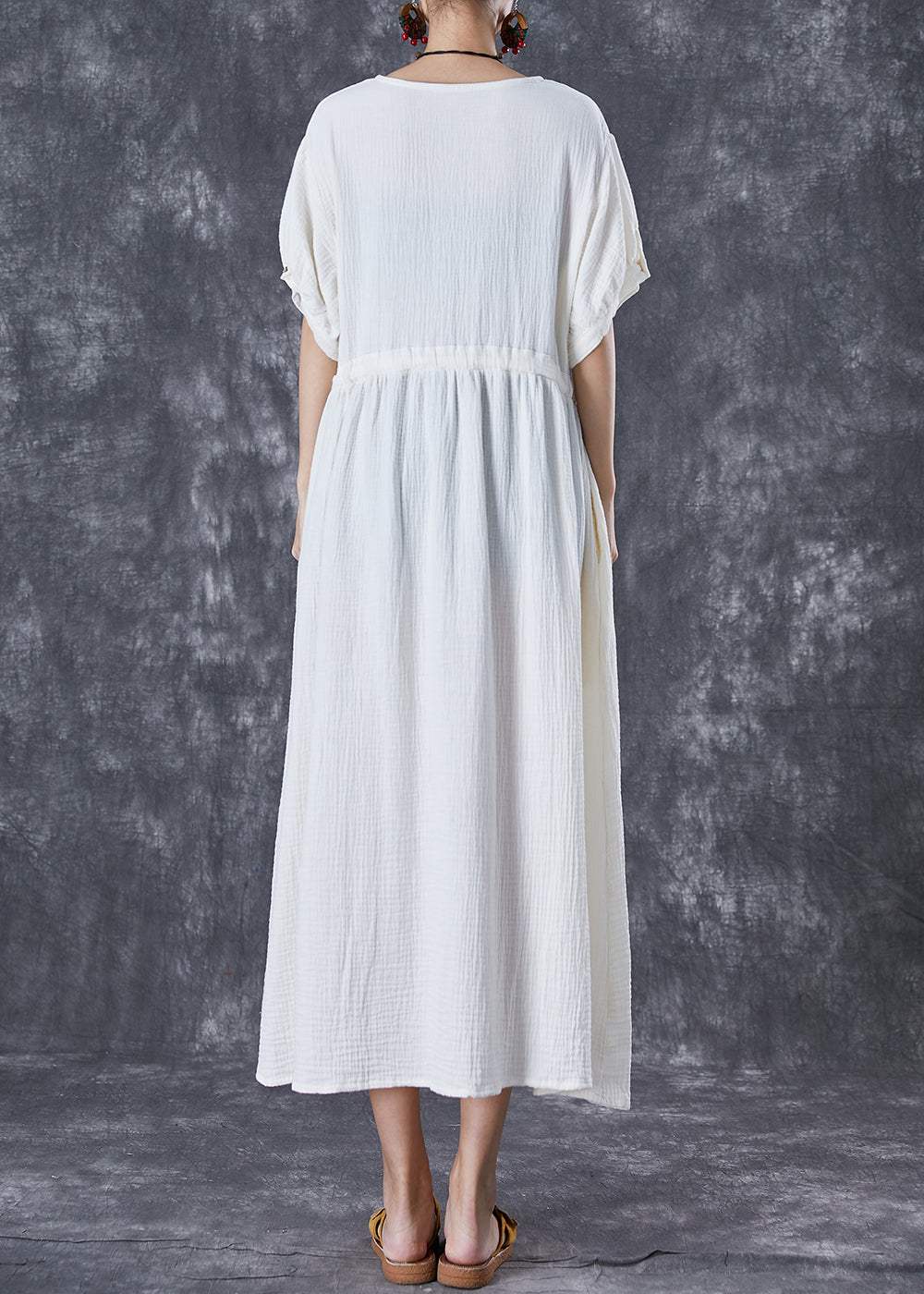 White Cinched Pockets Cotton Holiday Dress Summer