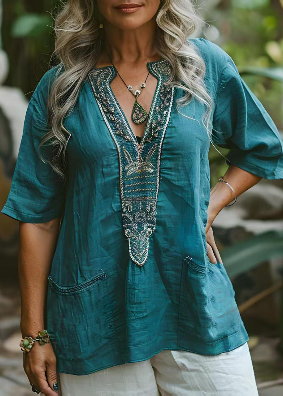 -blue-v-neck-print-pockets-plus-size-cotton-top-summer